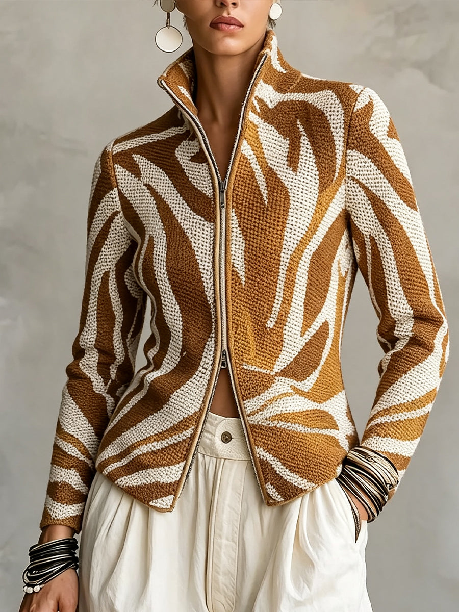 Casual Abstract Art Print Zip-up Knit Jacket