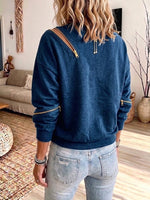 Oversized Casual Denim Sweatshirt Featuring A Diagonal Zipper And Cut-out Design.