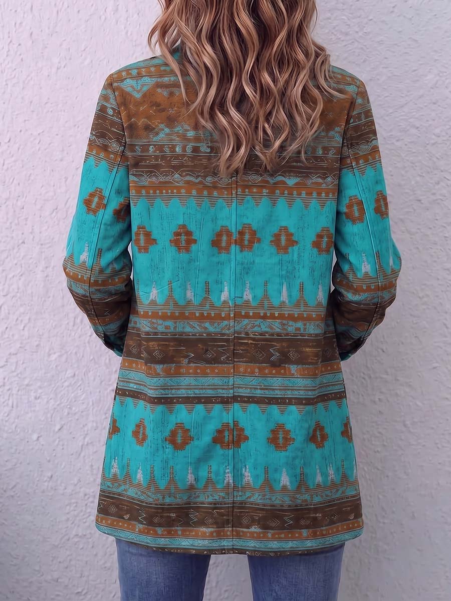 Women's Retro Geometric Print Lapel Long Sleeve Casual Loose Cotton Cardigan