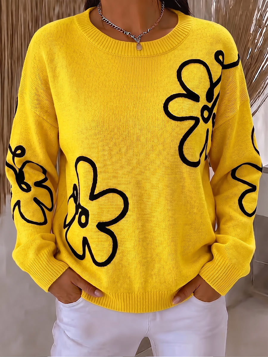 Vibrant Abstract Embroidery Floral Knit Pullover