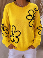 Vibrant Abstract Embroidery Floral Knit Pullover