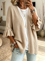 Solid-color, Loose-fit, Casual Knit Cardigan With Three-quarter Sleeves