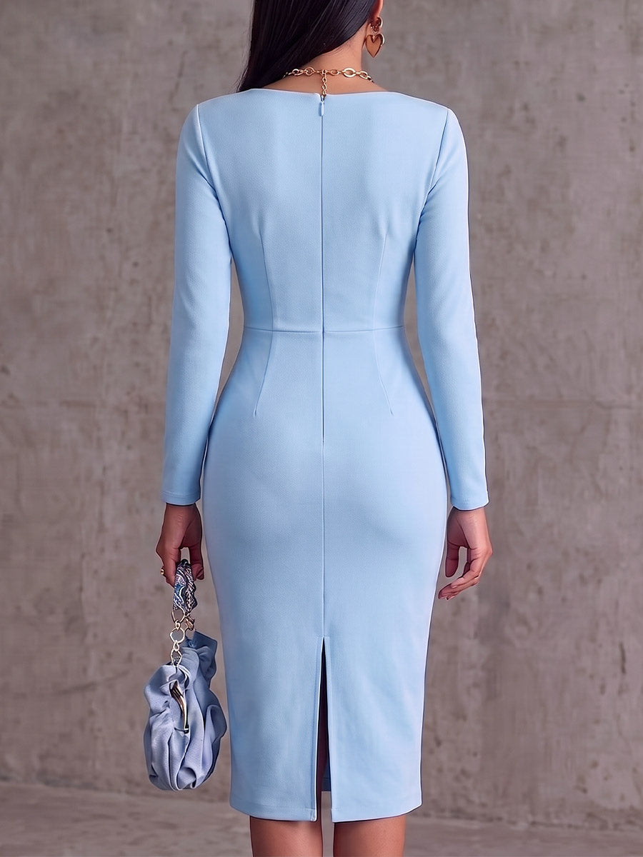 Women's Solid Color Asymmetrical Neckline 3d Rose Long Sleeve Casual Loose Dress