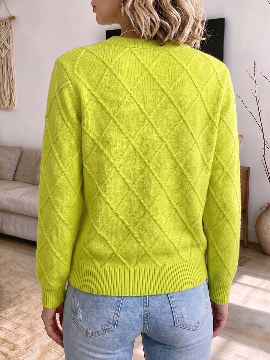 Vibrant Diamond-Pattern Full-Zip Knit Cardigan