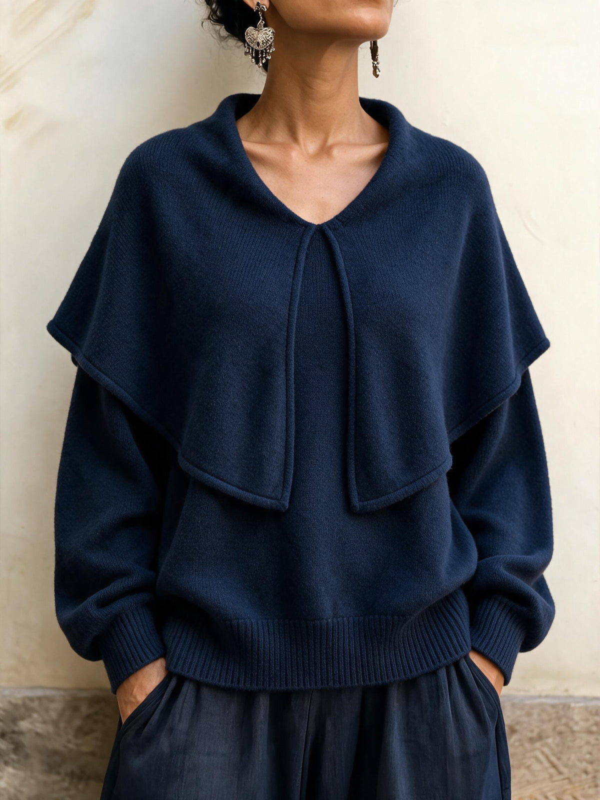 Elegant Layered Shawl Collar Knit Pullover