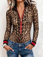 Women's Leopard Print Stand-collar Long-sleeve Slim-fit Casual Top