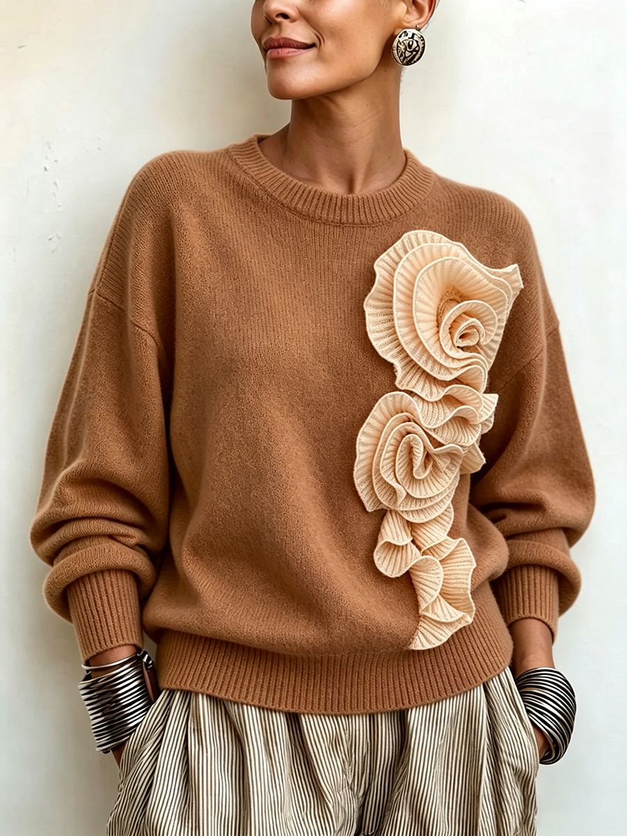 Chic Yellow Knitted 3d Floral Sweater