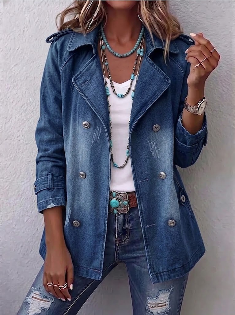 Washed Denim Double Breasted Trench Coat