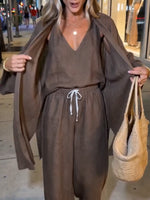 Casual And Comfortable Three-piece Set: Linen Cardigan, Tank Top, And Trousers.