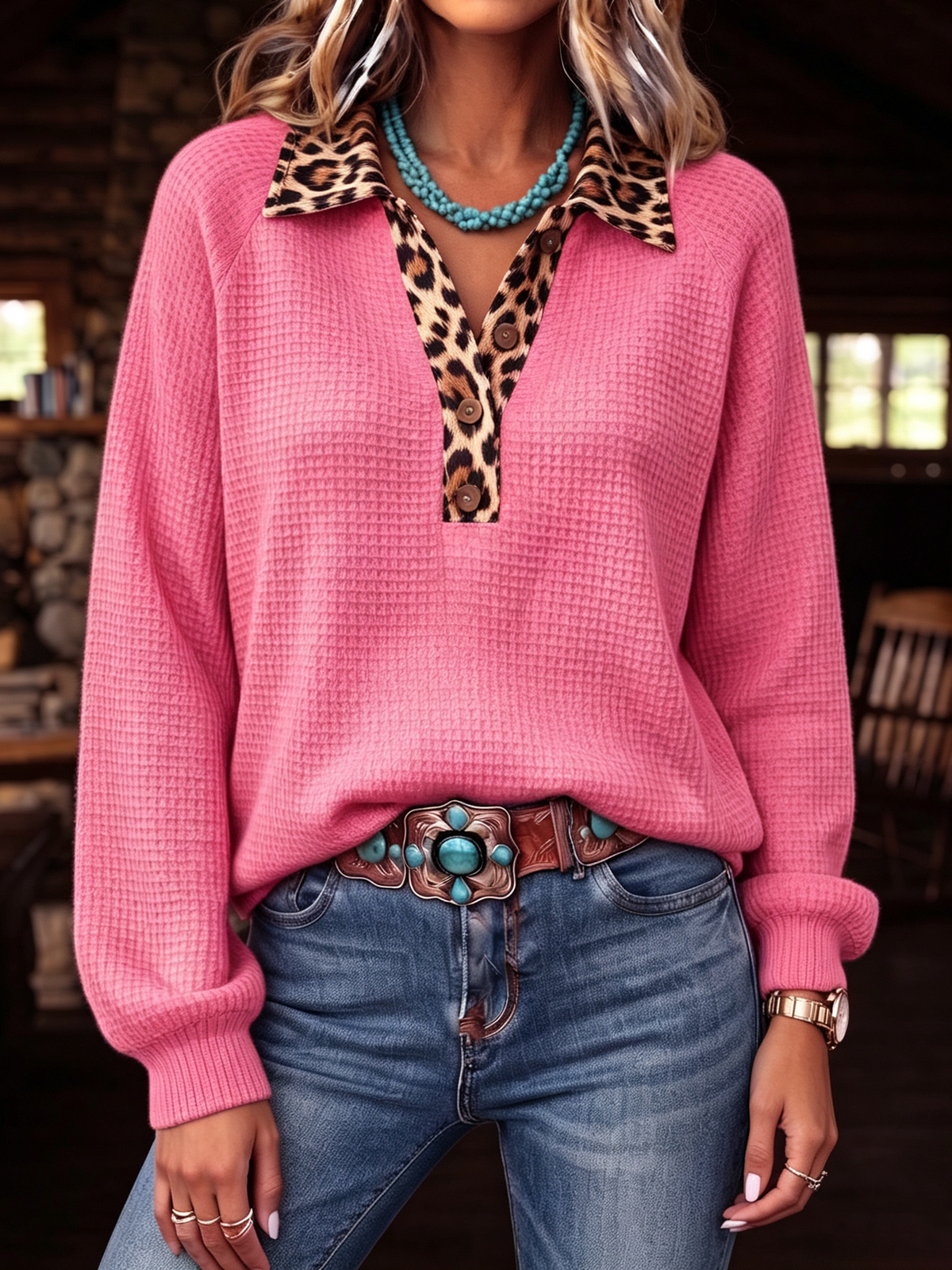 Boho Pink Leopard-print Waffle-knit Polo Top