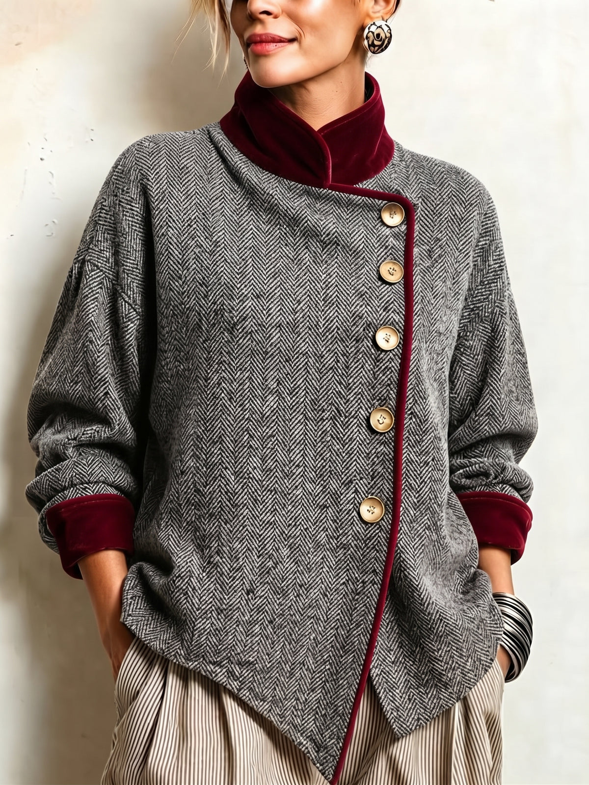 Vintage-style Patchwork Jacket In Burgundy Velvet And Herringbone Wool Blend