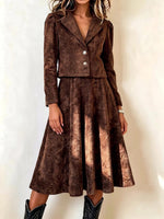 Women's Textured Cropped Blazer And A-line Midi Skirt Set