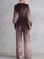 Women's Leopard Print V-neck Long Sleeve Casual Loose Velvet Wide-leg Jumpsuit