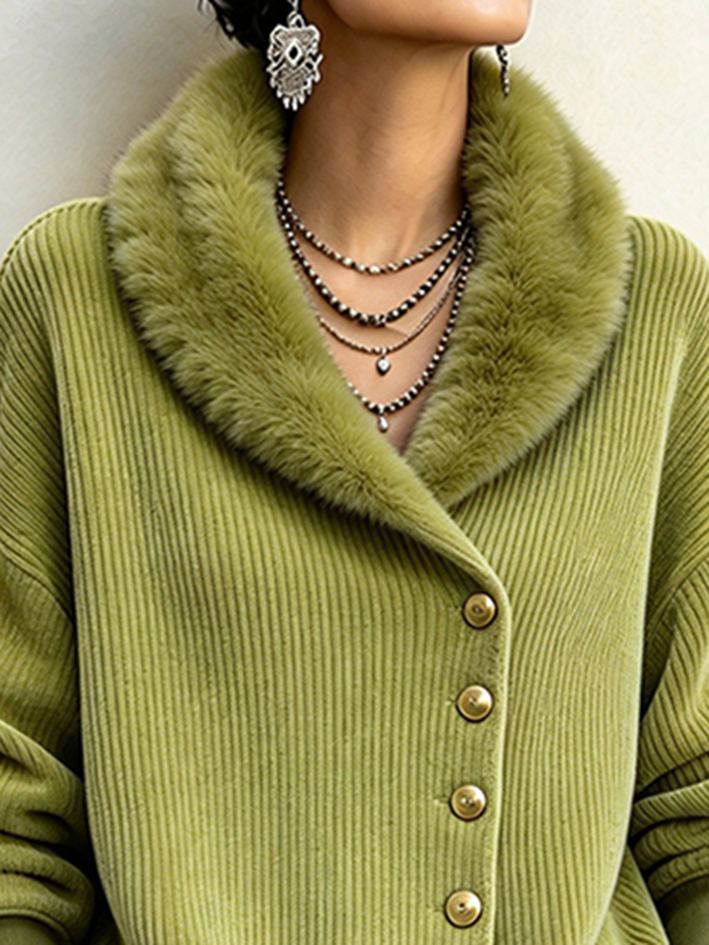 Casual Ribbed Corduroy Olive Green Top Sweatshirt