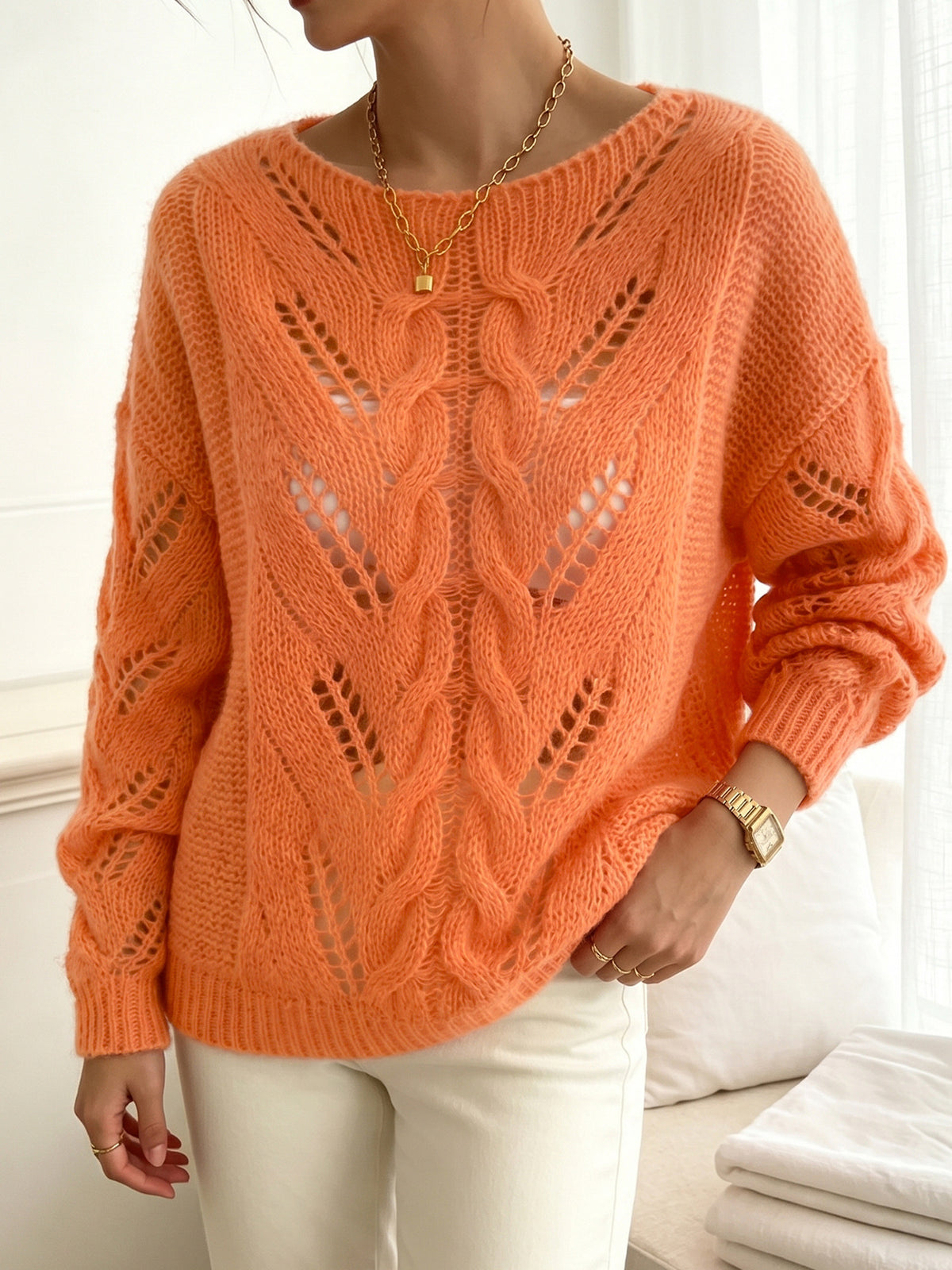 Vibrant Orange Open-Knit Textured Sweater