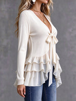 Chic Knit Top With Chiffon Paneling And Tie-detail