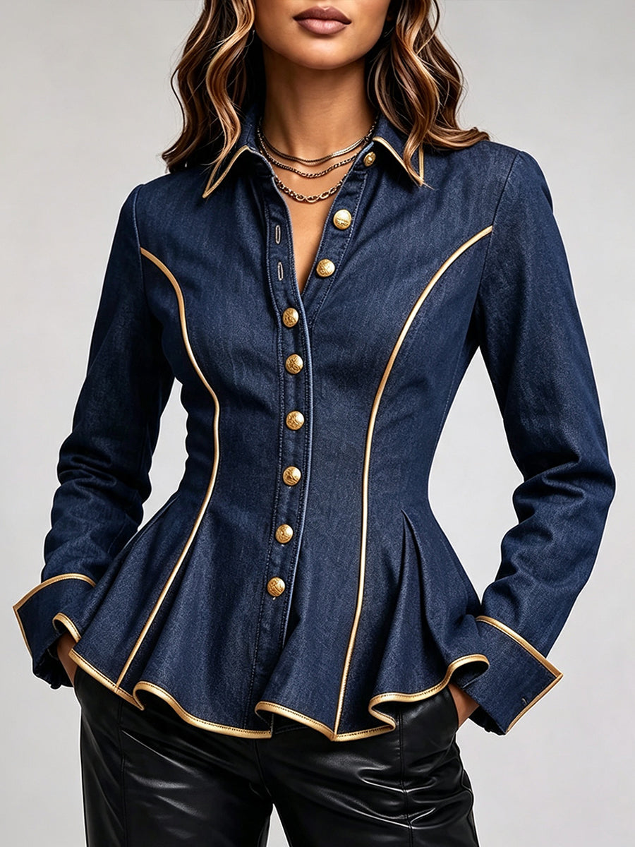 Chic And Elegant Denim Shirt With Gold Trim And A Ruffled Hem.