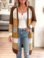 Women's Striped Color-blocked V-neck Long-sleeved Casual Loose Knitted Long Coat