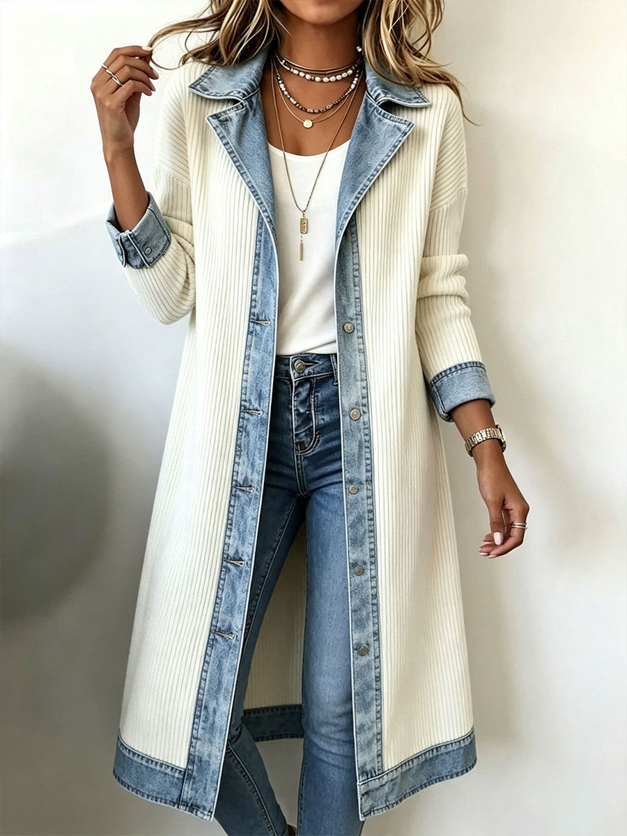 Casual Long-line Knit Cardigan With Denim And Ribbed Paneling