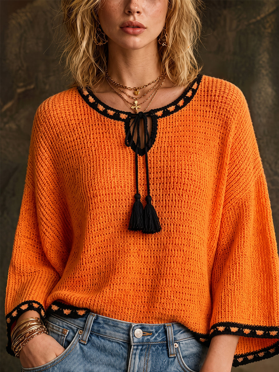 Vibrant Tassel-Accented Knit Sweater