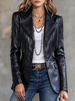 Chic Faux-leather Blazer With Tassel Trim