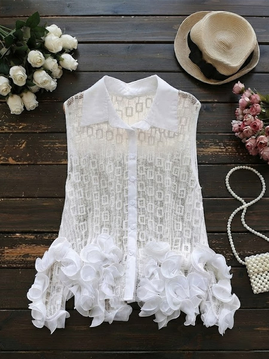 Lapel Button Front Hollow 3d Floral Sleeveless Lace Blouse