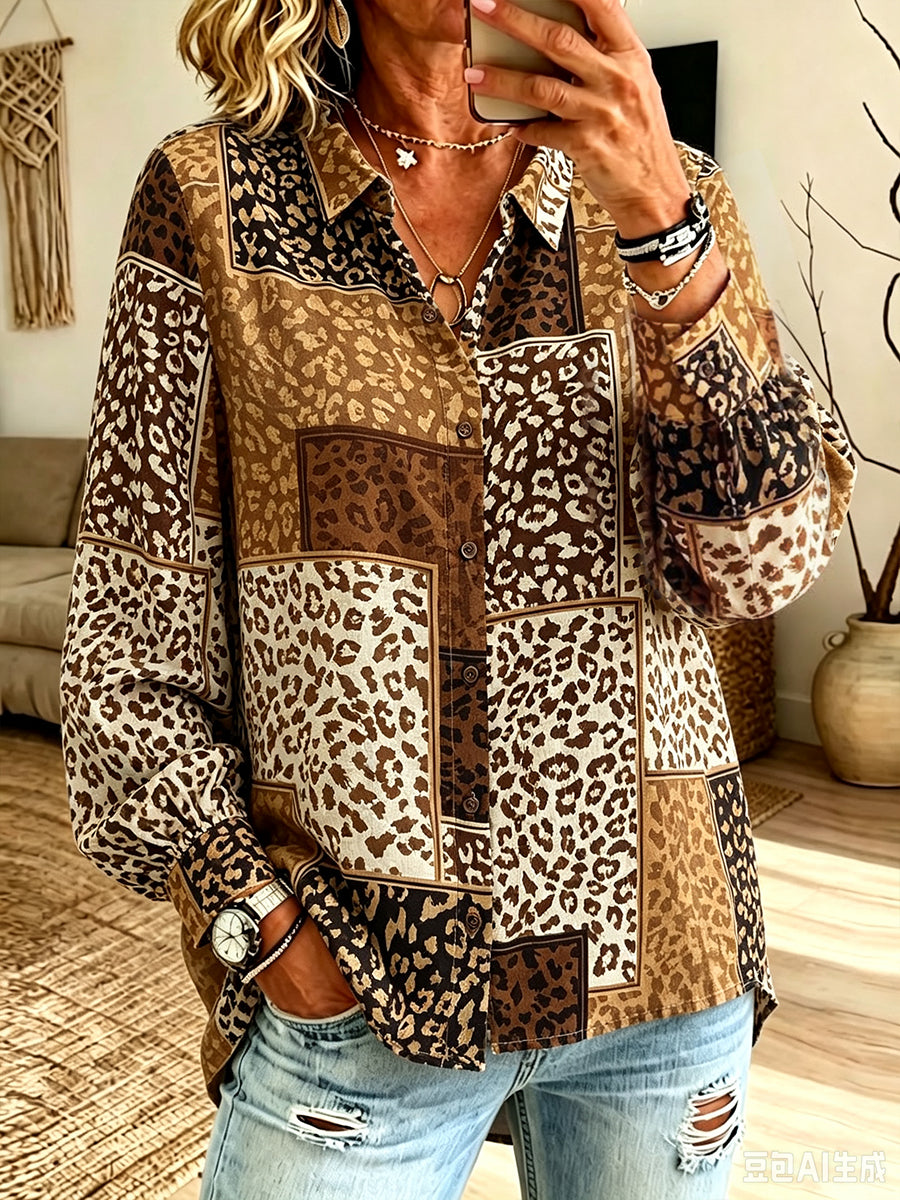 Vintage-style Patchwork Leopard Print Cotton Shirt