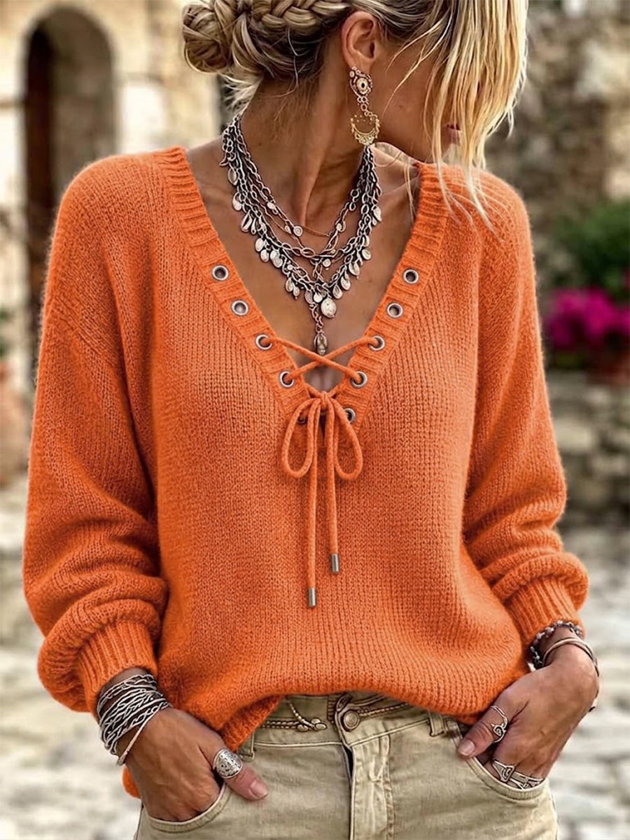 Chic V-neck Sweater With Front Lace-up Detail
