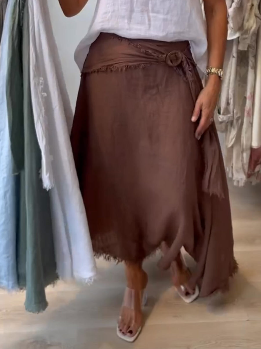 Casual Frayed-edge Linen-cotton Blend Wrap Midi Skirt