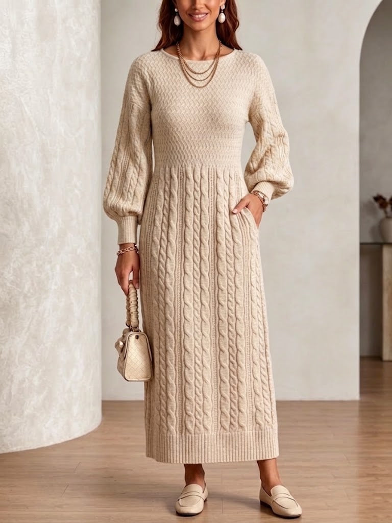 Cable-knit Lantern-sleeve Sweater Dress