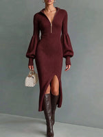 Women's Solid Color Stand Collar Long Sleeve Casual Slim Fit Bodycon Knit Dress
