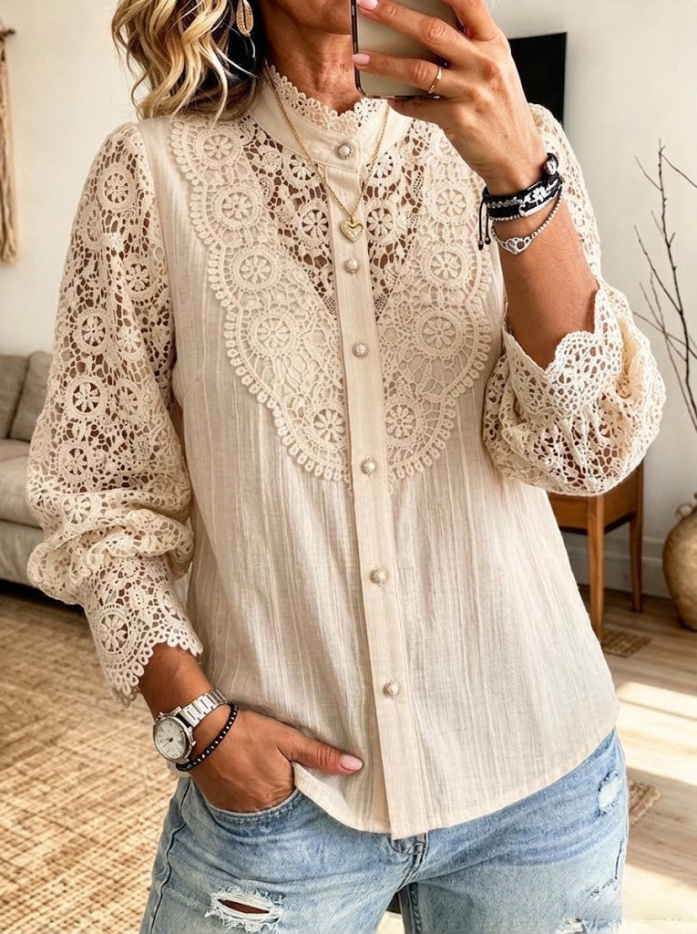 Elegant Lace-paneled Cotton-blend Shirt