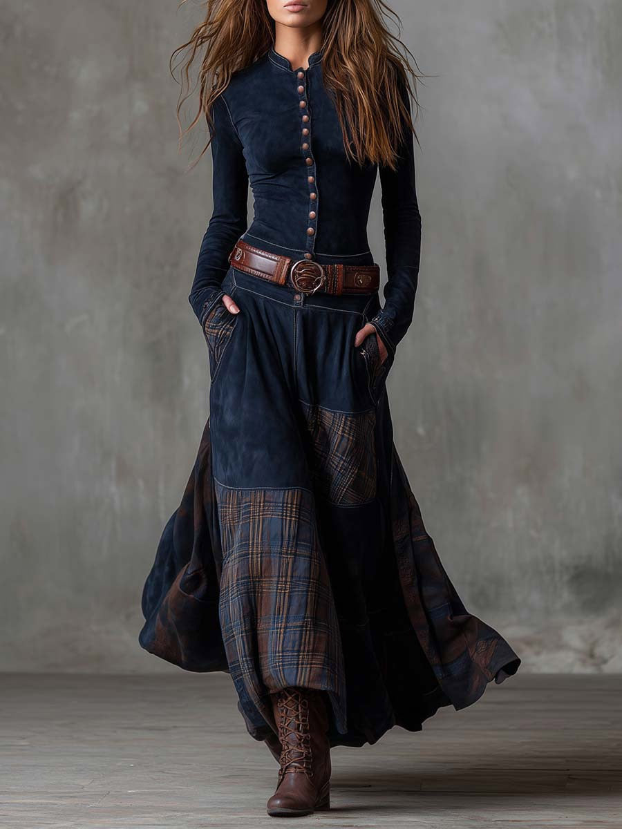 Women's Stand Collar Long Sleeve Slim Fit Plaid Print Asymmetrical Patchwork Dress