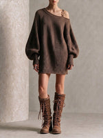 Cold-shoulder Loose-fit Knit Dress With Metal Buckles, Spaghetti Straps, And Lantern Sleeves
