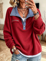 Relaxed Striped Collar Corduroy Pullover Sweatshirt