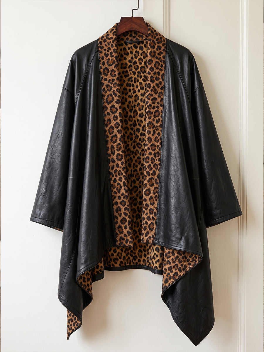 Edgy Leopard-Print Trim Faux-Leather Cardigan