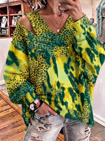 Lime-Green & Teal Asymmetrical Cold-Shoulder Top