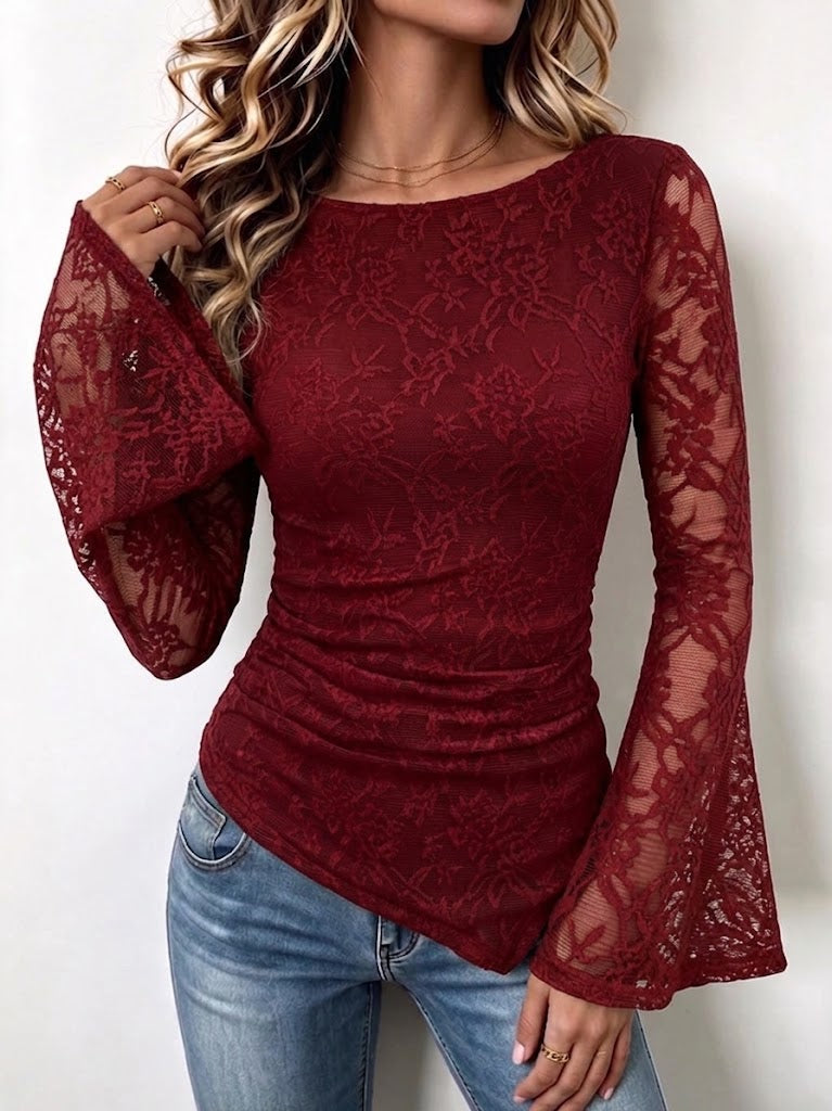 Asymmetric Hem Lace Long-sleeve Top