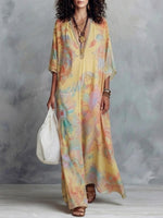 Boho Vintage Print V-neck Oversized Batwing Sleeve Vacation Kaftan Maxi Dress