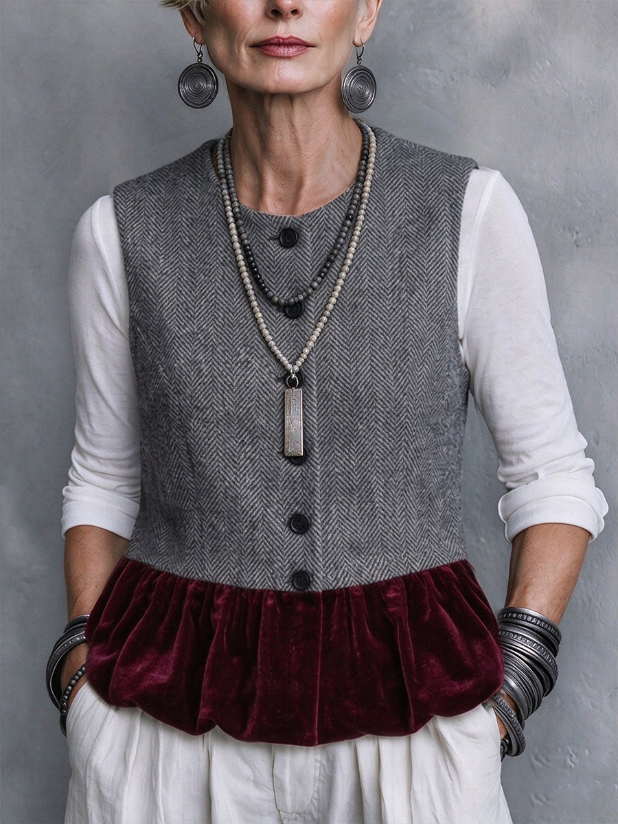 Vintage-style Patchwork Vest In Velvet And Herringbone Wool Blend With Ruffle Detailing