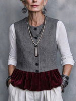 Vintage-style Patchwork Vest In Velvet And Herringbone Wool Blend With Ruffle Detailing