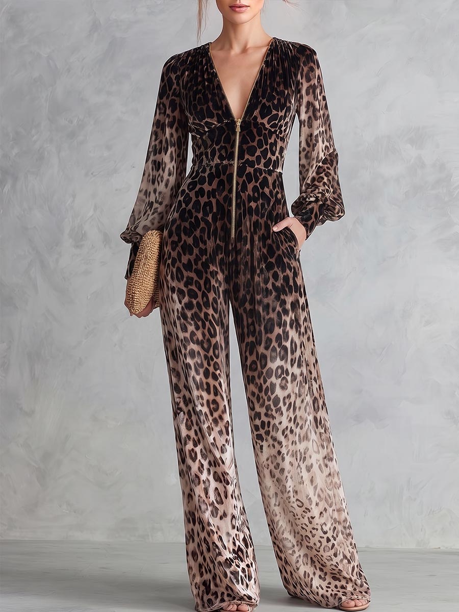 Women's Leopard Print V-neck Long Sleeve Casual Loose Velvet Wide-leg Jumpsuit