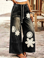 Cozy Bohemian Denim Wide-leg Pants With Crochet Flower