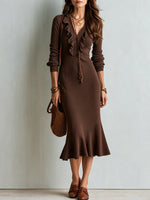 Cozy Ruffled V-neck Cotton Knit Fishtail Midi Skirt