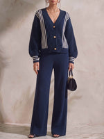 Women's Casual Loose Knit Set: V-neck Long-sleeve Cardigan And High-waisted Wide-leg Pants