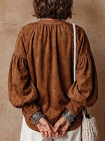 Women's Solid Color V-neck Long-sleeve Loose-fit Suede Pullover Top