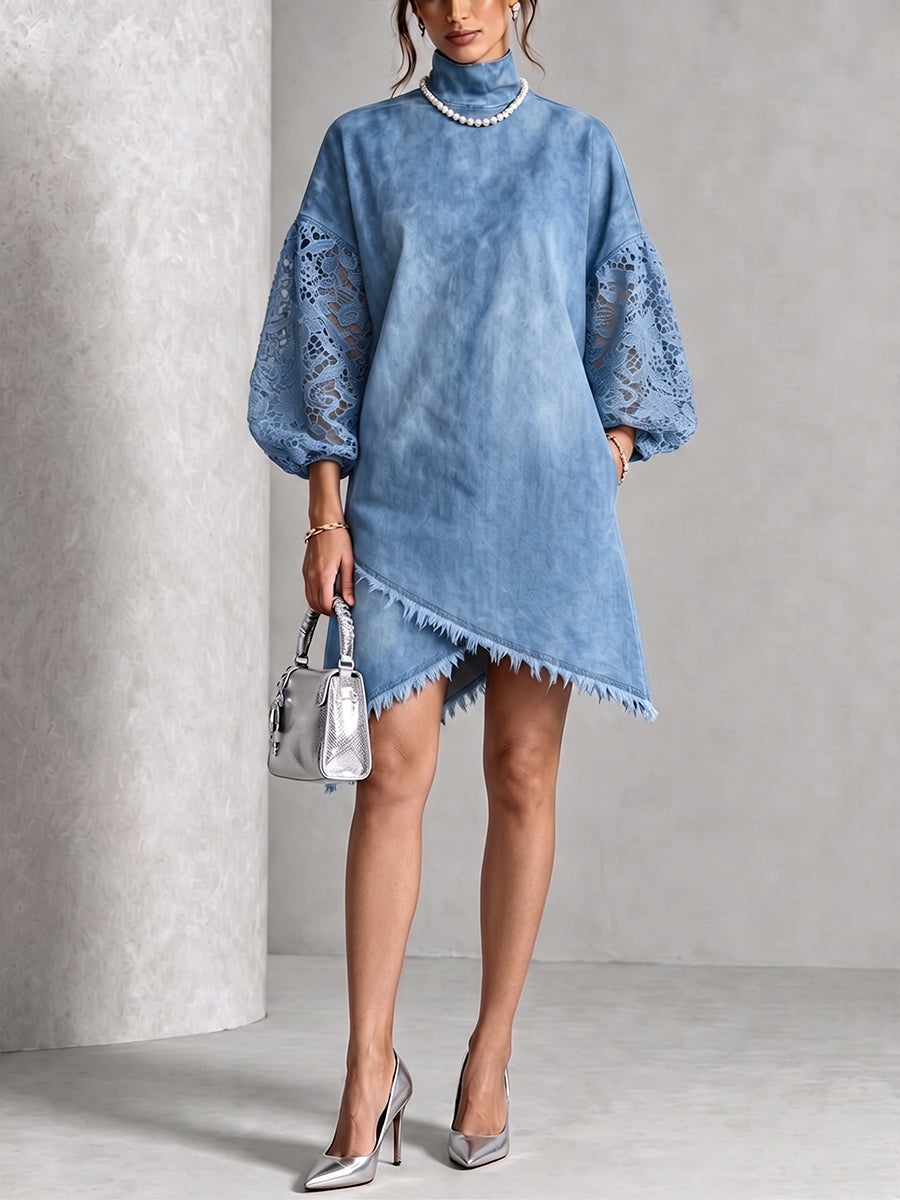 Elegant Lace-Sleeve Asymmetrical Denim Tunic Dress