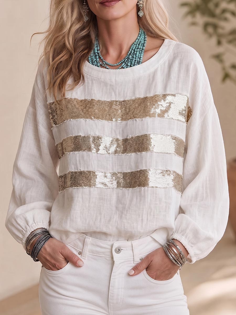 Women's Round Neck Long-sleeved Sequined Patchwork Casual Loose Cotton And Linen Top