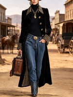 Vintage-style Bohemian Long Coat Featuring Velvet Paneling And Leopard-print Trim.