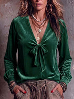 Women's Solid Color V-neck Tie-waist Long Sleeve Casual Loose Velvet Top